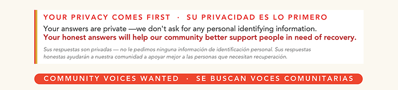 Y O U R PRIV A CY C OMES F IRS T · S U PRIV A CIDAD ES L O PRIMER O Your answers are private —we don't ask for any personal identifying information. Your honest answers will help our community better support people in need of recovery.