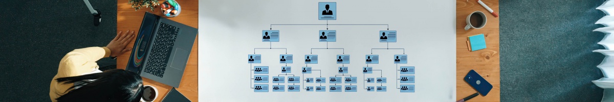 An organizational chart is viewed by members of a team.